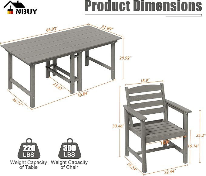 Anbuy Patio HDPE Dining Table Set, 5-Piece Outdoor Dining Table Sets, 2 in 1 Outdoor Furniture Table and 4 Outdoor Chairs for Garden, Backyard, Poolside, Easy Assembly, Grey