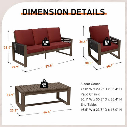 Rustic Hideaway Natural Cedar Wood Outdoor Furniture Set, Wicker Patio Conversation Set for Porch Garden Backyard, Couch, 2 Patio Chairs and Coffee Table, 4 Piece, Brownish/Red
