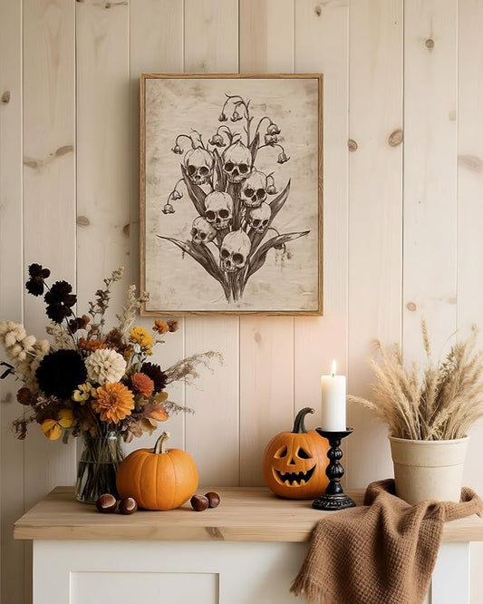 InSimSea Framed Canvas Prints Art Vintage Decor, Gothic Skull Flowers Painting, Rustic Dark Academia Wall Art for Bathroom, Halloween Living Room Witchy Room Wall Cottagecore Decor, 12x16inch