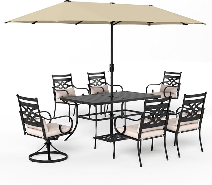 Sophia & William Patio Dining Set for 6 | 13ft Patio Umbrella Beige | 4 Fixed Chairs | 2 Swivel Patio Dining Chairs | Removable Seat Cushions | Black 59" Patio Dining Table