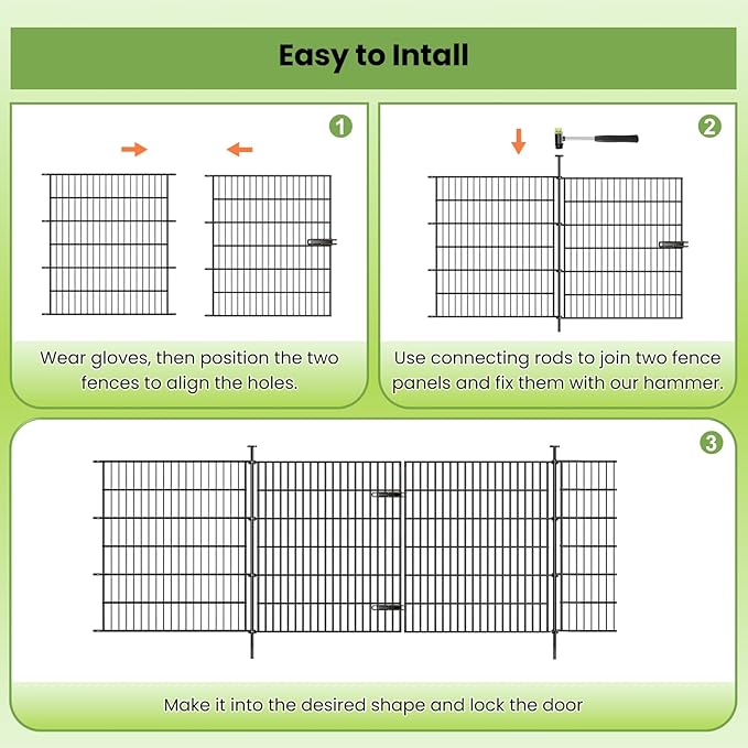 Garden Dog Fence Animal Barrier Outdoor for Yard 12 Panels with Gate 29ft(L) X 32in(H), Garden Fencing Includes Gloves, Hammer, Rustproof Metal Temporary No Dig Fence Border for Dogs