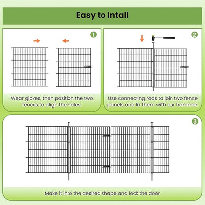Garden Dog Fence Animal Barrier Outdoor for Yard 12 Panels with Gate 29ft(L) X 32in(H), Garden Fencing Includes Gloves, Hammer, Rustproof Metal Temporary No Dig Fence Border for Dogs