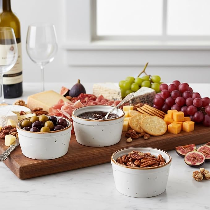 ONEMORE Ramekins 6 oz Oven Safe, Ceramic Souffle Dishes with Brown Rim, Speckled Baking Cups for Creme Brulee Pudding Custard Ice Cream Charcuterie Board Mini Bowls Set of 6 - Creamy White