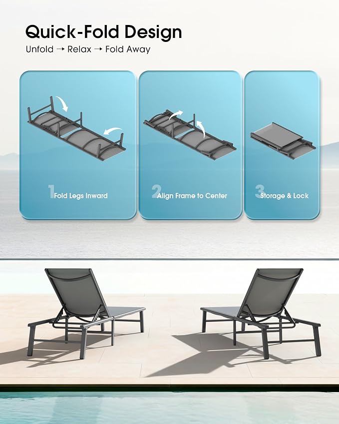 Ciokea Foldable Outdoor Lounge Chair Set of 2, No Assembly Aluminum Chaise Lounge Outdoor with 5 Adjustable Positions, Pool Lounge Chairs with Portable Design for Pool, Deck, Beach, Patio (Grey)