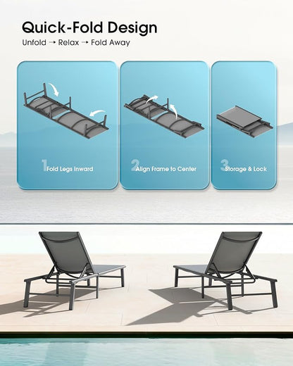 Ciokea Foldable Outdoor Lounge Chair Set of 2, No Assembly Aluminum Chaise Lounge Outdoor with 5 Adjustable Positions, Pool Lounge Chairs with Portable Design for Pool, Deck, Beach, Patio (Grey)