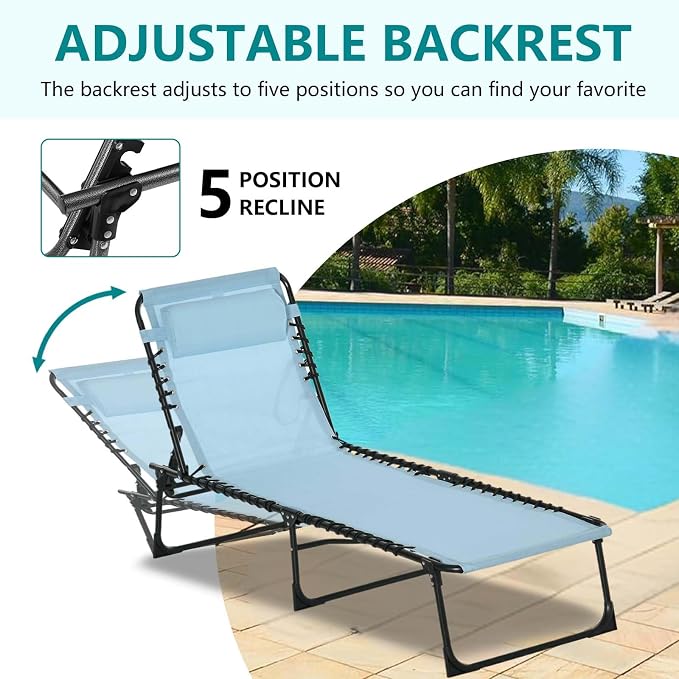 Portable Foldable Sun Tanning Chair, Heavy Duty Adjustable Folding Laying Out Chairs for Tanning, Beach Lounge Chairs for Adults for Outdoor Sunbathing Patio Pool Lawn Camping Deck (Blue 2)