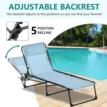 Portable Foldable Sun Tanning Chair, Heavy Duty Adjustable Folding Laying Out Chairs for Tanning, Beach Lounge Chairs for Adults for Outdoor Sunbathing Patio Pool Lawn Camping Deck (Blue 2)