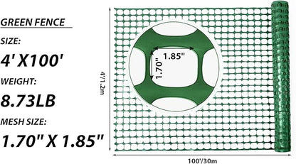 PotatoLife Plastic Mesh Fence Safety Fence, 2 Roll 4'x100' with 100 Zip Ties, Resuable Temporary Netting for Garden Fencing, Construction, Snow Fencing, Animal Barrier, Poultry, Deer, Patio, Green