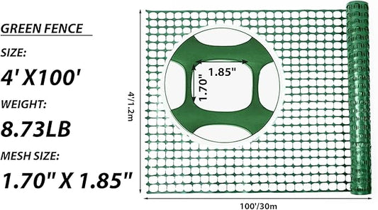 PotatoLife Plastic Mesh Fence Safety Fence, 2 Roll 4'x100' with 100 Zip Ties, Resuable Temporary Netting for Garden Fencing, Construction, Snow Fencing, Animal Barrier, Poultry, Deer, Patio, Green