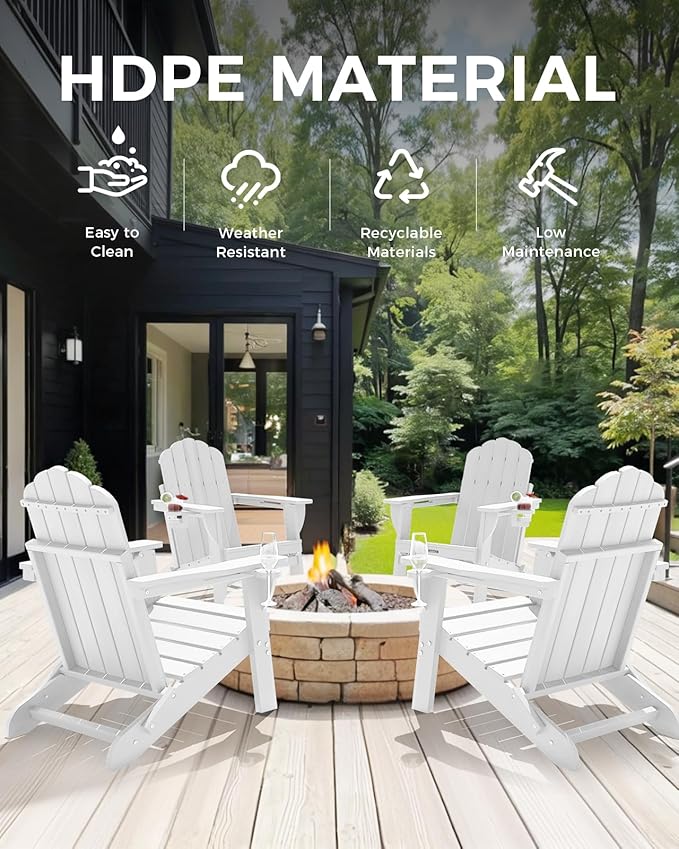 Adirondack Chairs Set of 2, Wood Texture Fire Pit Chairs, Plastic Adirondack Chairs with 2 Cup Holder, Outdoor Lawn Chair for Patio Garden, White