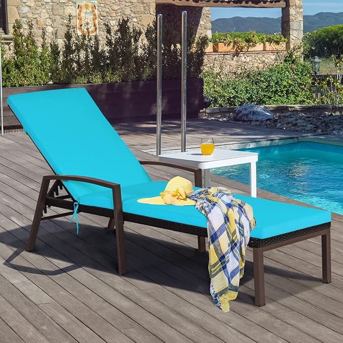 COSTWAY 2PCS Rattan Lounge Chair Outdoor, Patio Wicker Chaise Lounge with 5-Position Adjustable Backrest, Soft Cushion & Arm Rest, Pool Recliner Set of 2 for Poolside, Deck, Backyard (Turquoise)