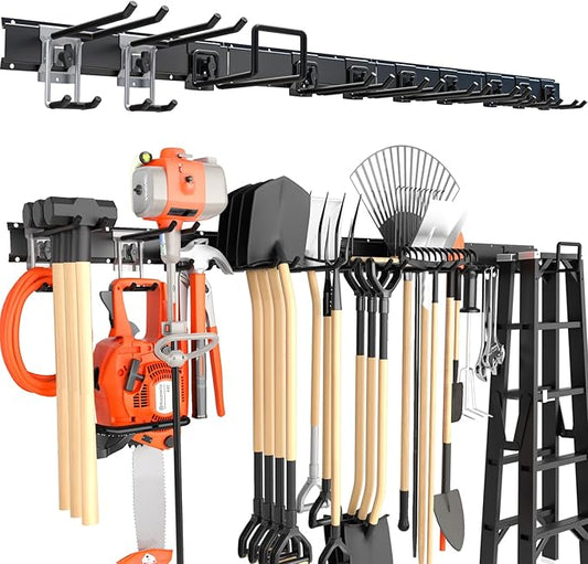 64'' Garage Tool Organizer Wall Mount, 620lbs Heavy Duty Metal Storage Rack | Adjustable Hooks Garden Tool Organization System | Anti-Rust Shed Rack for Hanging Shovel, Rake, Broom, Snowboard