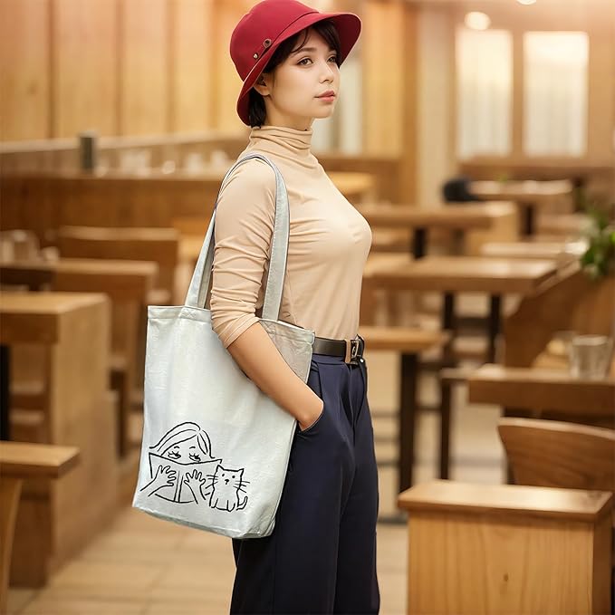 itgowisa Canvas Tote Bag for Women, Tote Bag with Zipper Inner Pocket, Zippered Canvas Bag for Shopping Work Grocery Everyday