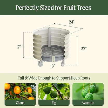 Rolling Metal Citrus Tree Planter, Self-Watering Round Planter Box for Porch Patio & Backyard, Raised Garden Bed with Wheels for Growing Trees Tomatoes Vegetables and Flowers, Twin Pack-Pearl White