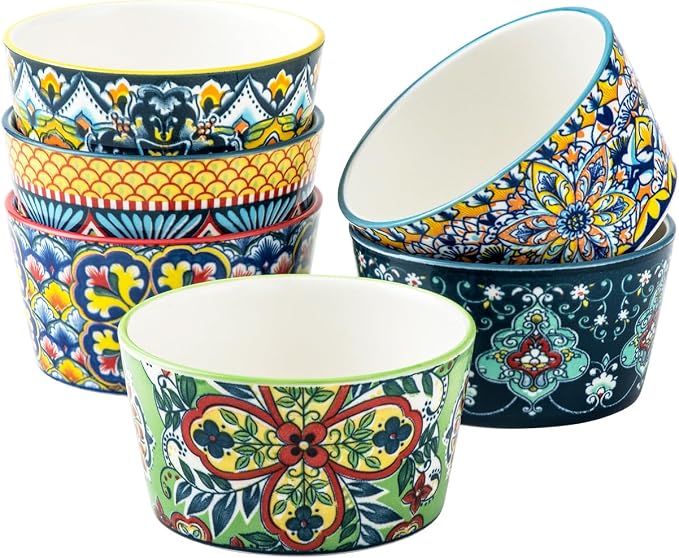 6 oz Ceramic Ramekins Set of 6, Boho Baking Cups & Dessert Dishes | Oven Safe, Ideal for Crème Brûlée, Soufflés, Custards, Puddings, Lava Cakes & Everyday Baking