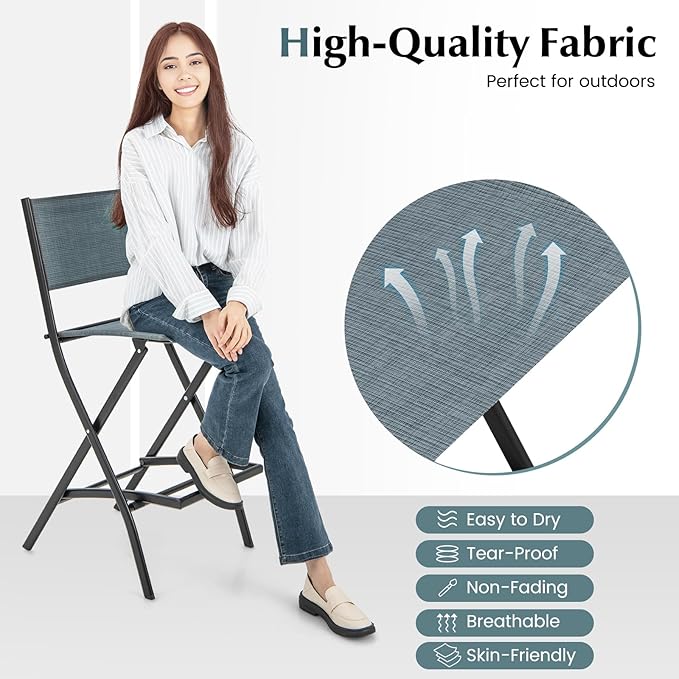 COSTWAY Outdoor Patio Bar Chair Set of 6, Folding Bar Height Stool with Metal Frame & Footrest, Patio Bar Stool for Balcony, Garden & Poolside (6, Blue)