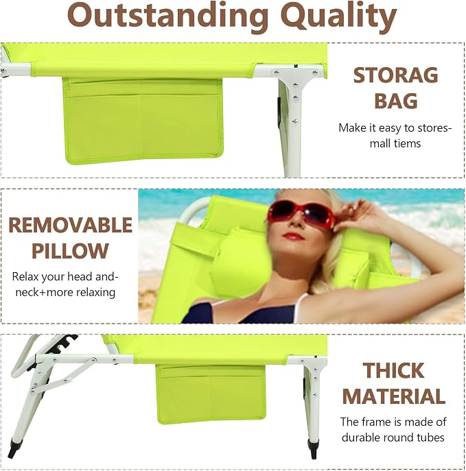 3-in-1 Heavy Duty Tanning Chair with Face Hole Adjustable 5-Position Folding Chaise Lounge Chairs Portable Lay Flat Beach Lounge Chair for Outdoor Sunbathing Patio Pool Lawn Camping Deck (Green)