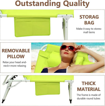 3-in-1 Heavy Duty Tanning Chair with Face Hole Adjustable 5-Position Folding Chaise Lounge Chairs Portable Lay Flat Beach Lounge Chair for Outdoor Sunbathing Patio Pool Lawn Camping Deck (Green)