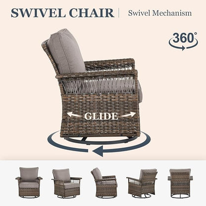 Patio Furniture Set 2 Wicker Swivel Glider Chairs with 2 PE Rattan Ottomans Brown Wicker Grey Cushions Patio Conversation Set 4pcs for Garden Balcony Sunroom Backyard