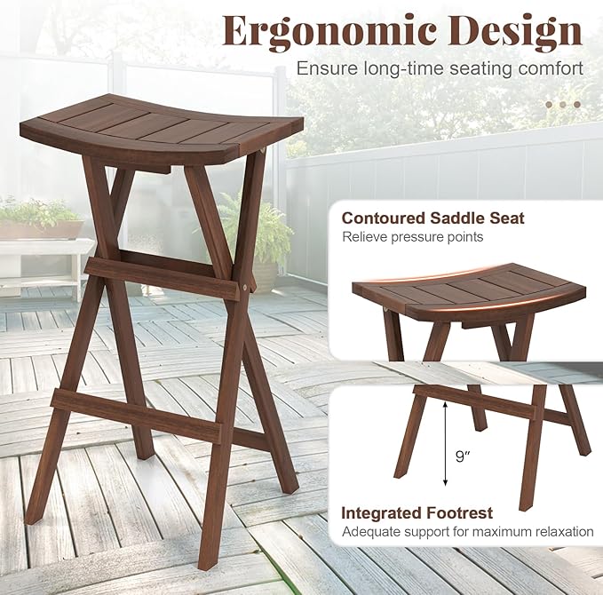 COSTWAY Folding Wooden Bar Stools Set of 2, 30-inch Height Backless Saddle Stools with Footrest, Foldable Chairs for Kitchen Island, Counter, Patio, Indoor & Outdoor, No Assembly Required, Teak