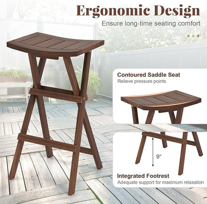 COSTWAY Folding Wooden Bar Stools Set of 4, 30-inch Height Backless Saddle Stools with Footrest, Foldable Chairs for Kitchen Island, Counter, Patio, Indoor & Outdoor, No Assembly Required, Teak