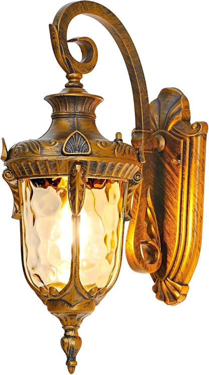 Outdoor Wall Lights, Waterproof Aluminum Porch Wall Light for Outside House, Patio, Yard, Garden, Gold Gooseneck Exterior Wall Sconce, Hardwired Outdoor Acorn Shape Lantern Lamp, Water Ripple Glass