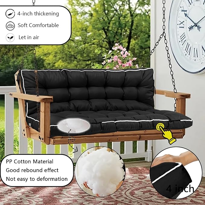 Porch Swing Cushion Three Seat, Waterproof Swing Cushions Replacement with Backrest, Outdoor Garden Furniture Patio 4" Thickened Cushions with Ties (Black, 40 x 63in)