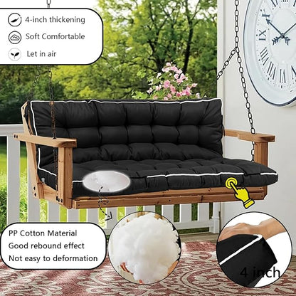 Porch Swing Cushion Three Seat, Waterproof Swing Cushions Replacement with Backrest, Outdoor Garden Furniture Patio 4" Thickened Cushions with Ties (Black, 40 x 55in)