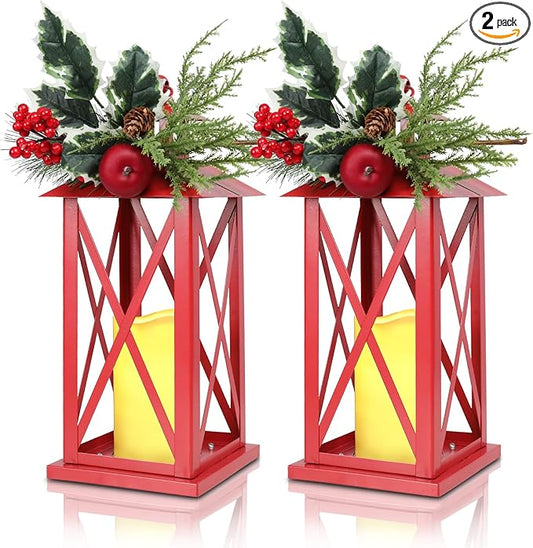 Taman Christmas Lantern,2 Pack Hanging Flickering Candle Lanterns Decorative Metal Vintage Light Battery Operated Umbrella Lights for Christmas Patio Garden, Table,Party Decor