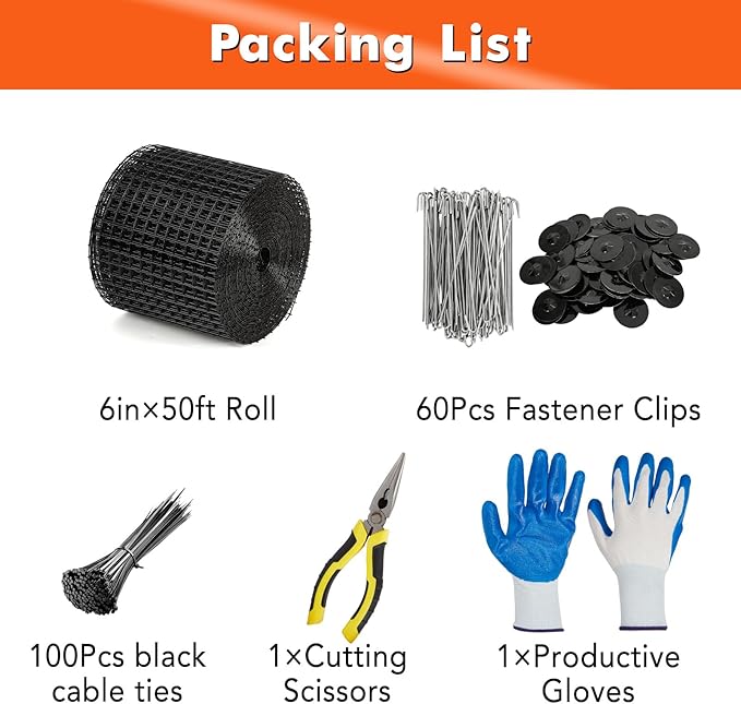 6in x 50ft Solar Panel Bird Guard & Critter Guard Mesh Kit, PVC Coated Wire Mesh Bird Wire with 60 Clips, 100 Cable Ties, Gloves, Pliers, DIY Bird Netting Solar Panel Bird Mesh Barrier