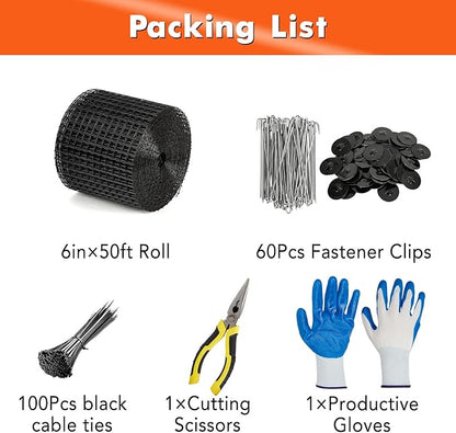 6in x 50ft Solar Panel Bird Guard & Critter Guard Mesh Kit, PVC Coated Wire Mesh Bird Wire with 60 Clips, 100 Cable Ties, Gloves, Pliers, DIY Bird Netting Solar Panel Bird Mesh Barrier