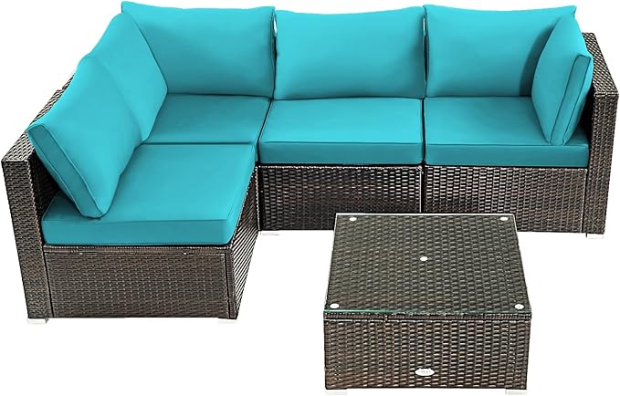 HAPPYGRILL 5PCS Patio Furniture Set Outdoor Rattan Wicker Sofa Set with Coffee Table Sectional Sofa Conversation Set with Pillows Cushions for Backyard Porch Garden Poolside