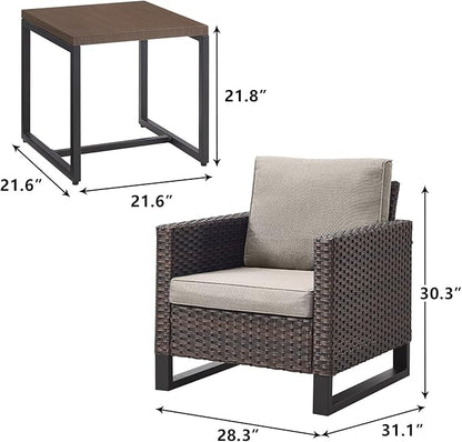 Rilyson Wicker Outdoor Patio Chairs Set - 3 Piece Rattan Patio Furniture Bistro Chairs Set with Waterproof Wicker,Comfortable Cushions and Sturdy Metal Frame for Porch Deck Backyard(Brown/Grey)