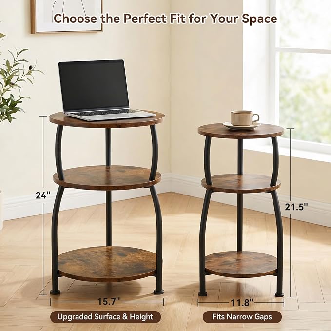 Round Side Table, 3-Tier End Table with Storage Shelf, 15.7" Wide Nightstand for Small Spaces, Tall Sofa Table Capable of Holding Laptops & Lamps, Bedside Table for Bedroom & Living Room, Rustic Brown