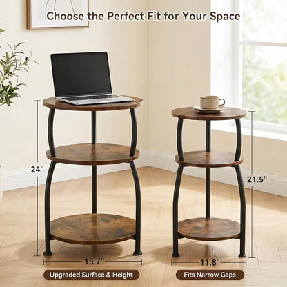 Round Side Table, 3-Tier End Table with Storage Shelf, 15.7" Wide Nightstand for Small Spaces, Tall Sofa Table Capable of Holding Laptops & Lamps, Bedside Table for Bedroom & Living Room, Rustic Brown