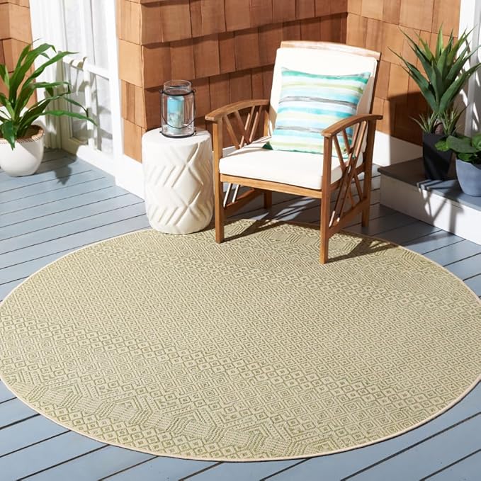 SAFAVIEH Washable Rug Outdoor Courtyard Collection - 6'7" Round, Beige & Green, Non-Shedding & Easy Cleaning, Ideal for Patio, Backyard, Mudroom (CY6235-21812)