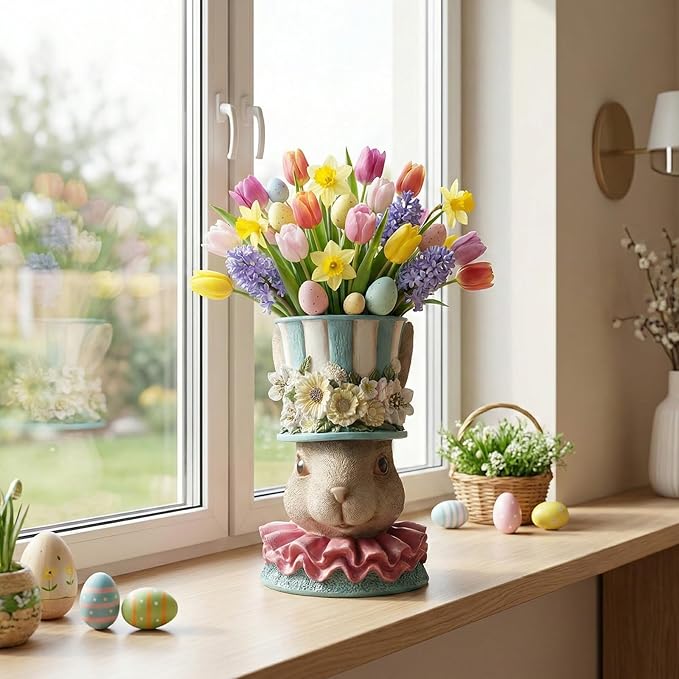 Easter Bunny Vase for Flowers, 11.2"H Resin Blue Cute Decorative Rabbit Head Statue Table Centerpiece Mantel Desk Top Home Decorations Indoor, Spring Planters for Outdoor Plants, Garden Decor