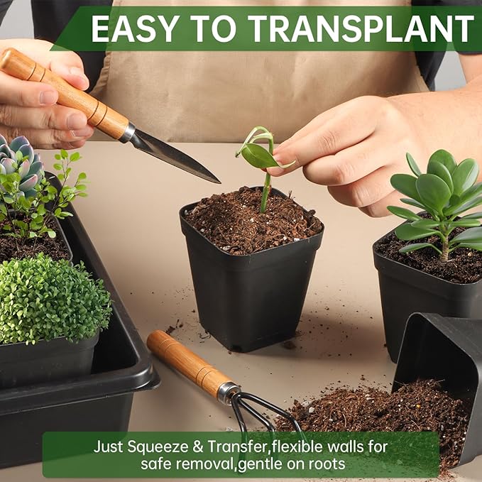 100 Pack Plant Nursery Pots 3.15 Inch, Durable Square Seedling Pots with Drainage Holes, Reusable Small Plastic Flower Pots for Seed Starting, Transplanting, Herb Garden