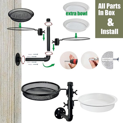 Wall Mounted Bird Feeder with Metal Mesh Seed Tray and 2 Bird Bath Bowls,Heavy Duty Fence Tree Mount Birds Feeder for Outside Wild Birds,Table Mountable Platform Feeder in Garden Backyard