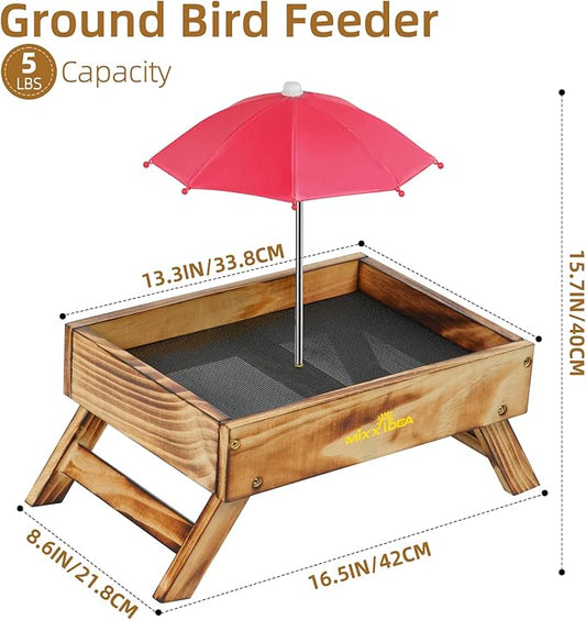 Ground Bird Feeder for Outdoors Bird&Squirrel Feeder Wooden Chicken Picnic Table Platform Feeder Wild Bird Feed Crow Feeder for Outside with 5 LBS Capacity (Brown)