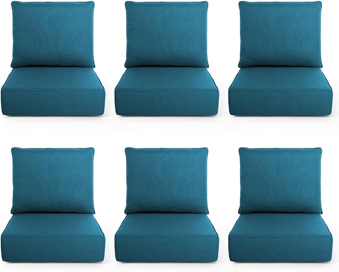 Outdoor Chair Cushions, 6 Inch Thick Patio Seat & Back Cushions Set with Removable Cover, Waterproof Patio Cushions for Outdoor Furniture, 22 x 24 Inch, Turquoise 6-Set