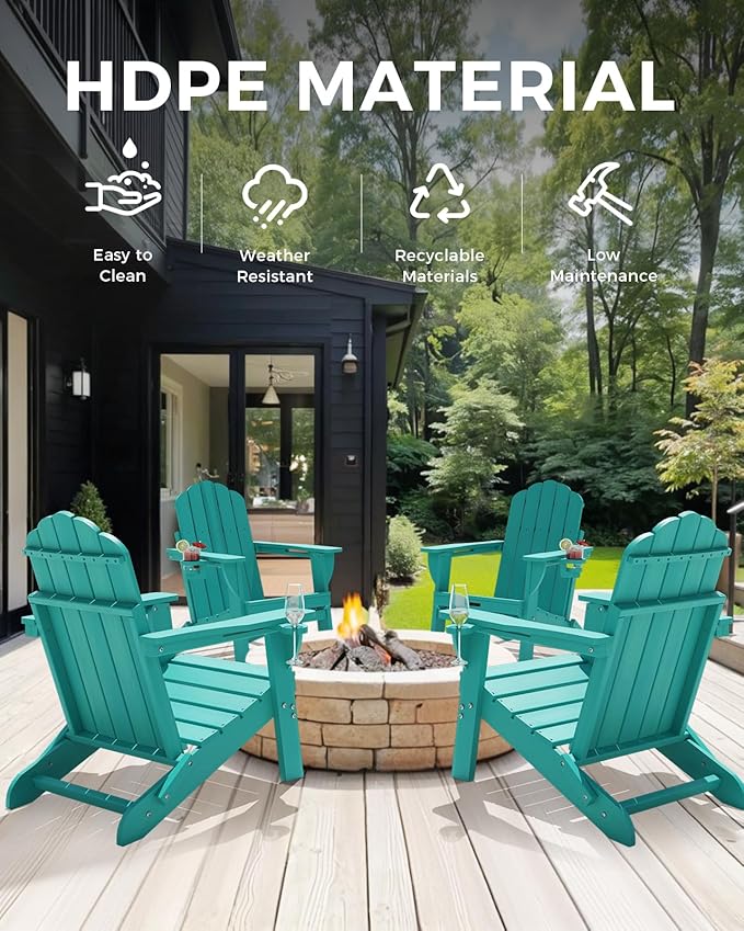 Adirondack Chairs Set of 4, Foldable Adirondack Chairs with 2 Cup Holder, Wood Texture HDPE Fire Pit Chairs, Outdoor Lawn Chair for Patio Garden, Lake Blue