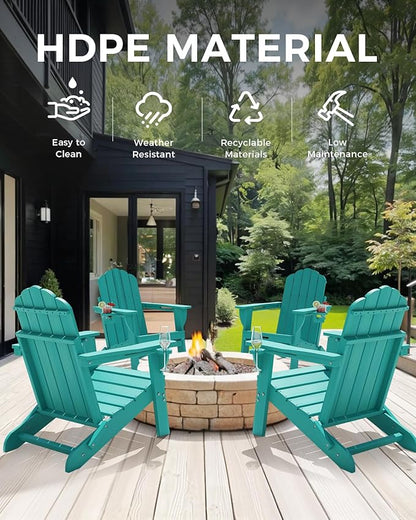 Adirondack Chairs Set of 4, Foldable Adirondack Chairs with 2 Cup Holder, Wood Texture HDPE Fire Pit Chairs, Outdoor Lawn Chair for Patio Garden, Lake Blue