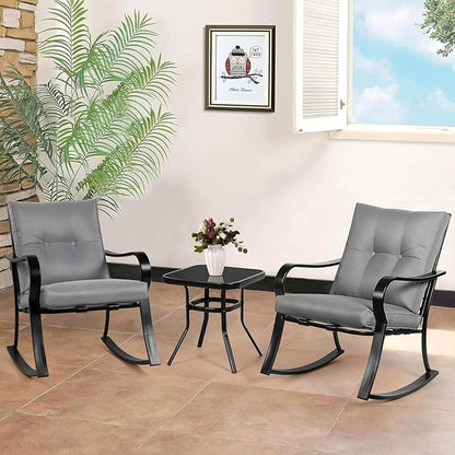 Oakcloud Oakmont Outdoor Furniture 3 Piece Conversation Bistro Set Rocking Chairs and Glass Top Table, Thick Cushions, Black Steel (Grey)