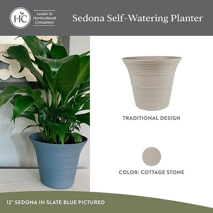 The HC Companies Sedona Round Self-Watering Pot - Lightweight Self Care Planter - Plastic Planter for Herbs & More - Durable Plant Pots for Indoor Plants & Outdoor Plants (7” Cottage Stone, Pack 1)