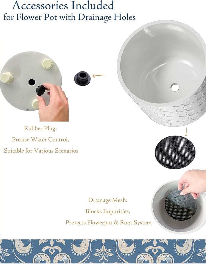 8 Inch Planter, Plant Pots with Drainage Hole, Modern Cylinder Flowerpot - Indoor & Outdoor Plants for Home & Office,White
