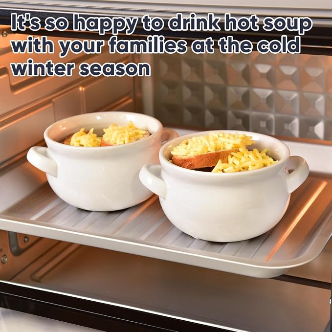 Vumdua Soup Bowls with Handles, 16 Oz Ceramic French Onion Soup Bowls - Stackable Soup Crocks Oven Safe for Cereal, Chilli, Pot Pies, Dishwasher Microwave Safe, Set of 6, White