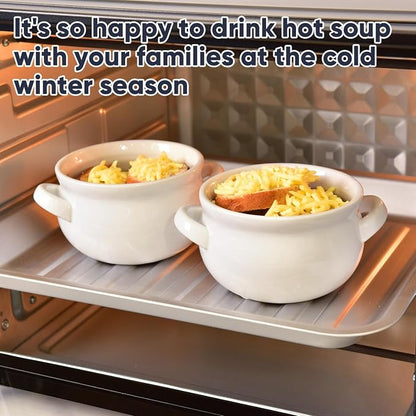 Vumdua Soup Bowls with Handles, 16 Oz Ceramic French Onion Soup Bowls - Stackable Soup Crocks Oven Safe for Cereal, Chilli, Pot Pies, Dishwasher Microwave Safe, Set of 6, White