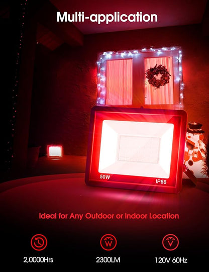 L LOHAS LED Red Christmas Flood Light Outdoor, 𝑫𝒖𝒔𝒌 𝒕𝒐 𝑫𝒂𝒘𝒏 50W Plug in Flood Light, IP66 Waterproof Christmas Decorations, 2300lm Christmas Lights for Yard, Garage, Party, UL Listed, 2 Pack