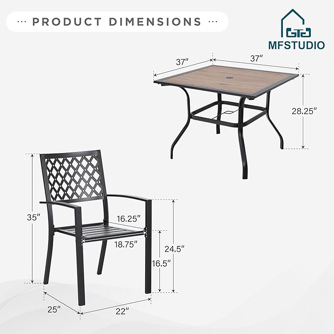 MFSTUDIO Patio Table and Chairs Set of 4, Outdoor Dining Set for 4 with Umbrella Hole, Metal Patio Furniture Set for Deck/Backyard/Poolside/Garden